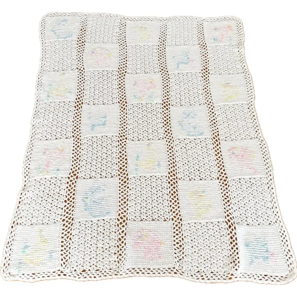 [Vintage] Handmade White Crochet Baby Crib Blanket Animals Rabbit Elephant Ducks